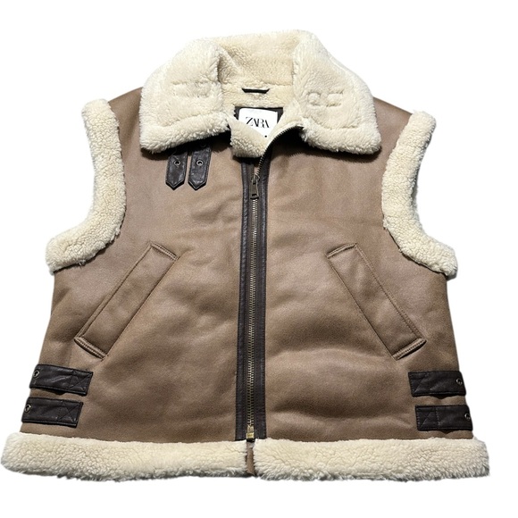 Zara Cream and Brown Shearling Vest - Picture 2 of 8